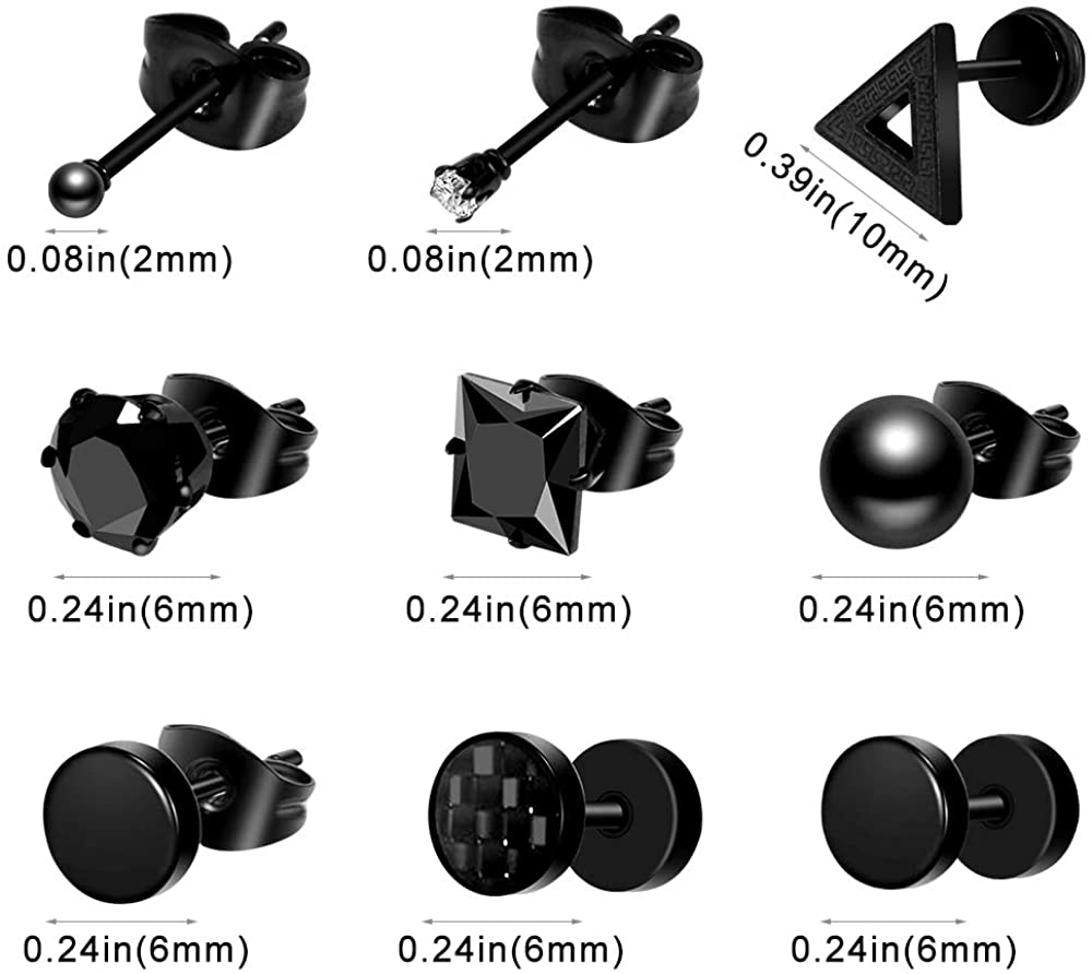 15 Pairs Black Earrings for Men Mens Earrings Stainless Steel Black Stud Earrings for Men Women Jewelry Piercing Hoop Men Earrings Set