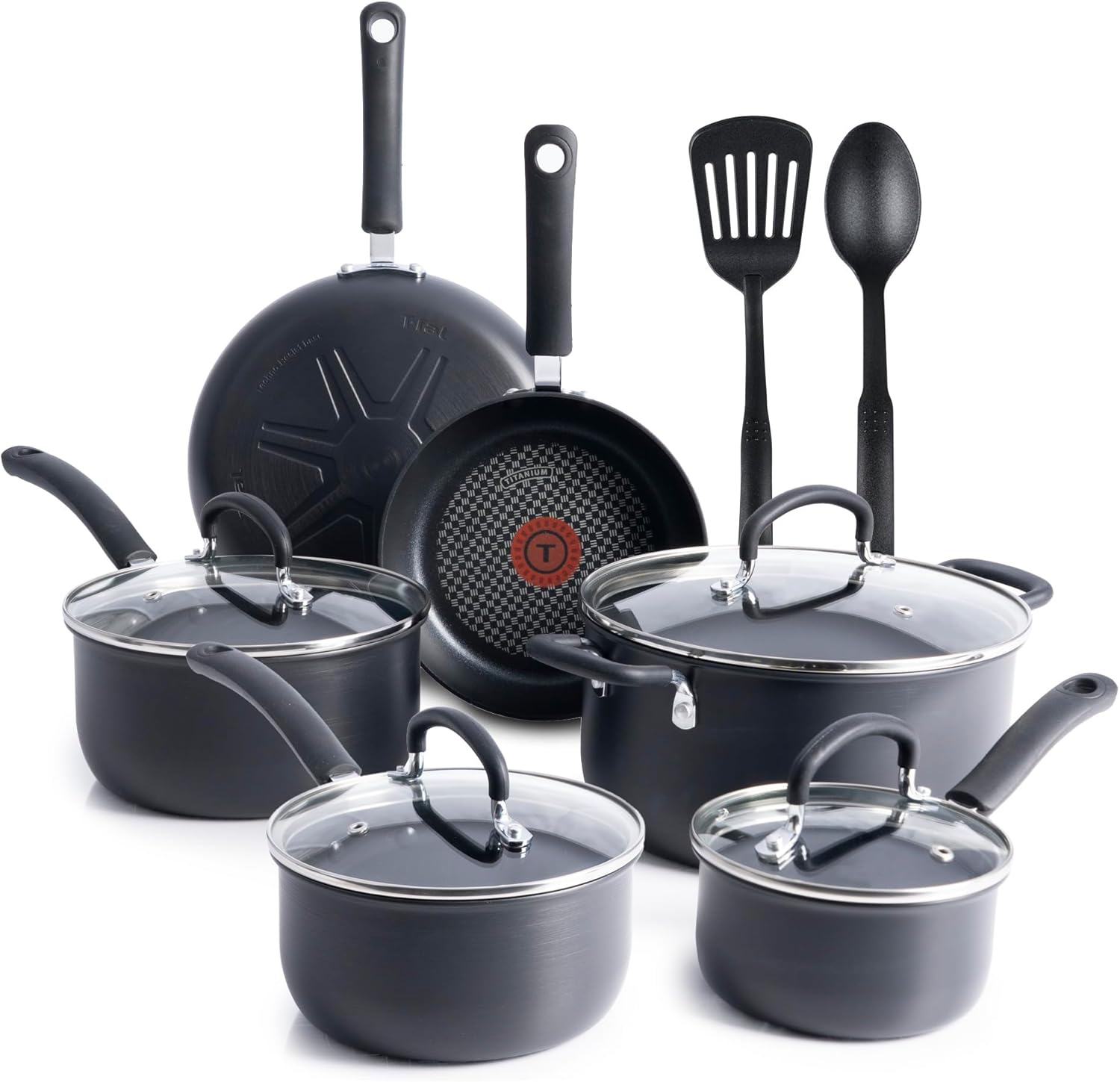T-fal Ultimate Hard Anodized Durable Nonstick Expert Interior Thermo-Spot Heat Indicator Anti-Warp Base Dishwasher Safe PFOA Free Oven Safe pots and pan Set, cookware Set, Frying pan, 12-Piece, Gray