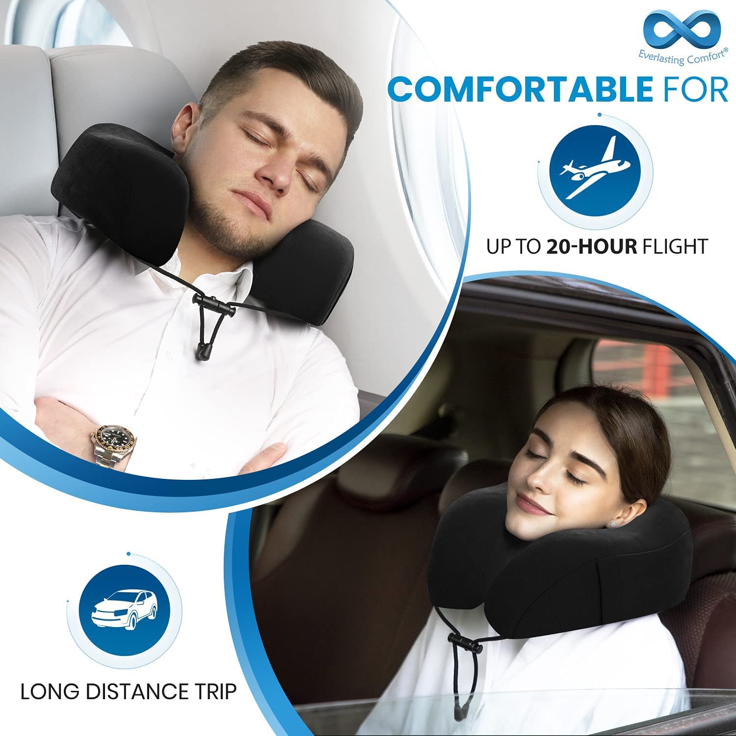 Everlasting Comfort Memory Foam Travel Pillow Airplane Neck Rest & Plane Accessories (Black)
