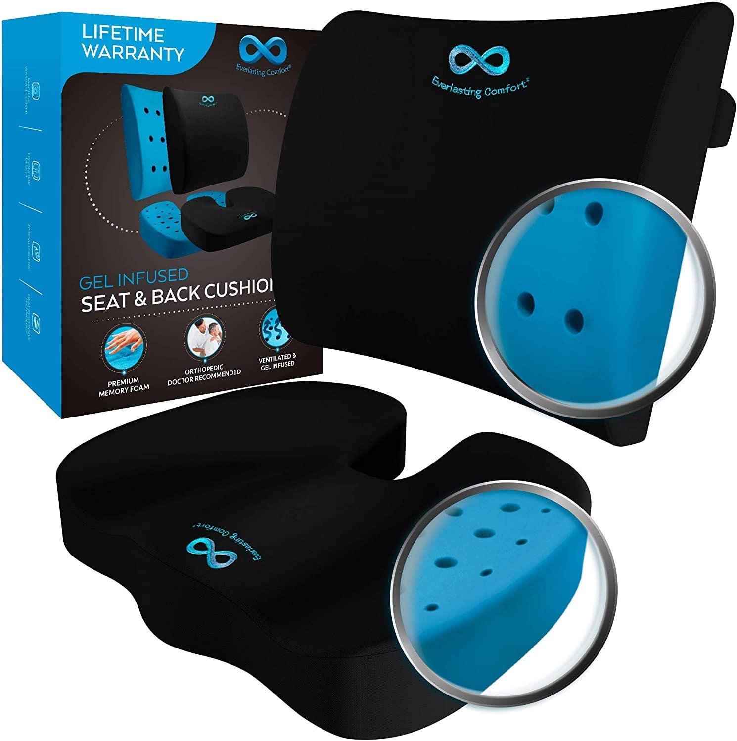 Everlasting Comfort Memory Foam Seat Cushion and Lumbar Support Pillow Combo