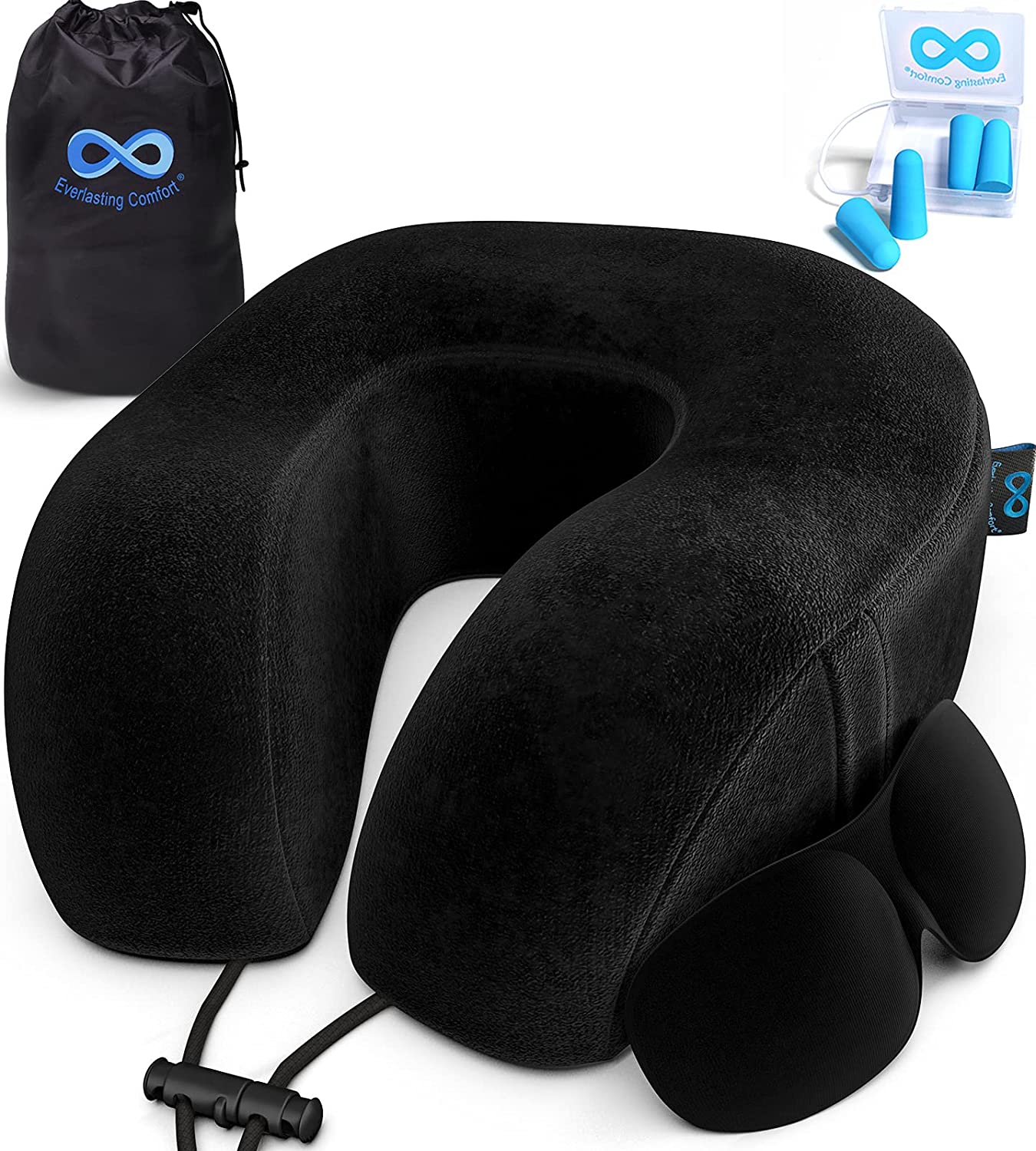 Everlasting Comfort Memory Foam Travel Pillow Airplane Neck Rest & Plane Accessories (Black)