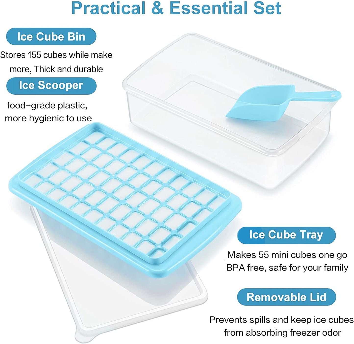 ARTLEO Ice Cube Tray with Lid and Storage Bin for Freezer, Easy Release 55 Mini Nugget Ice Tray with Container Scooper, Flexible Plastic Ice Mold & Bucket, Only Sold by ARTLEO and OMIDI Store