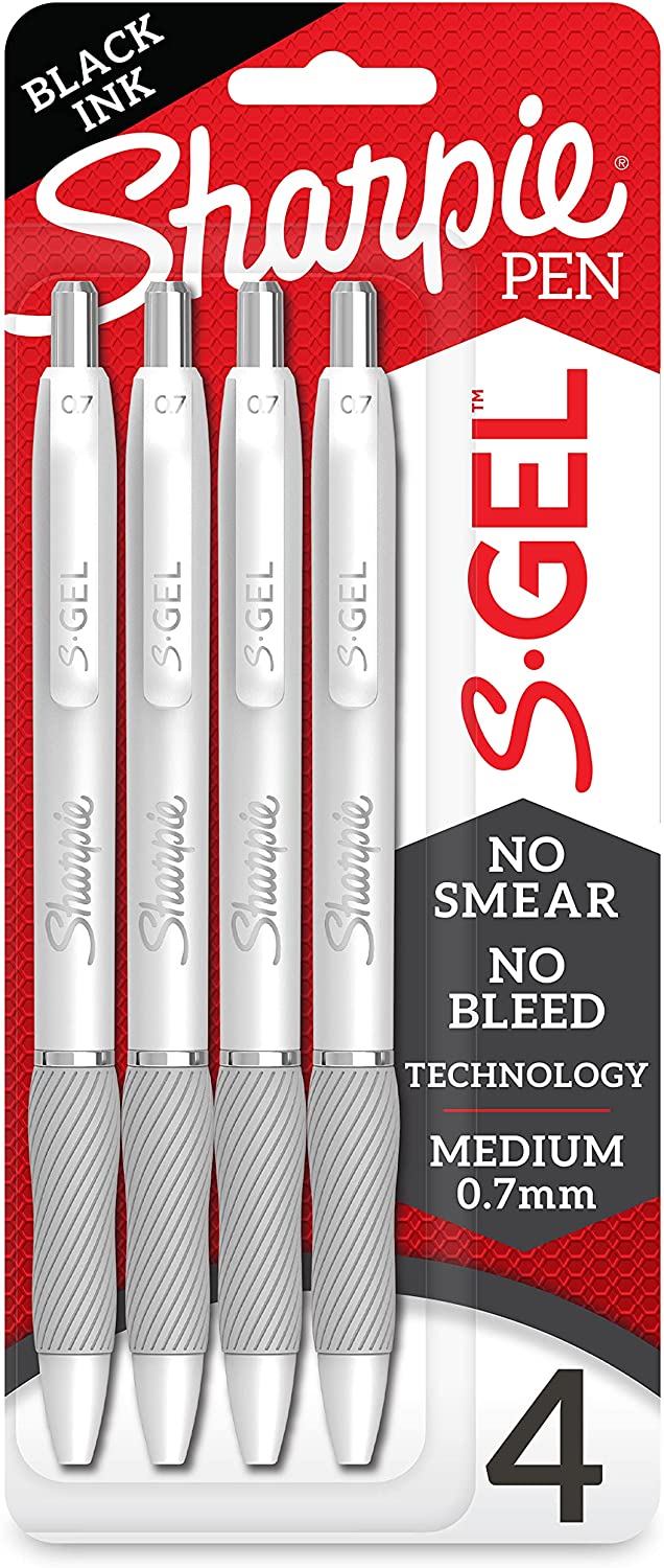 Sharpie S-Gel, Gel Pens, Medium Point (0.7mm), Pearl White Body, Black Gel Ink Pens, 4 Count