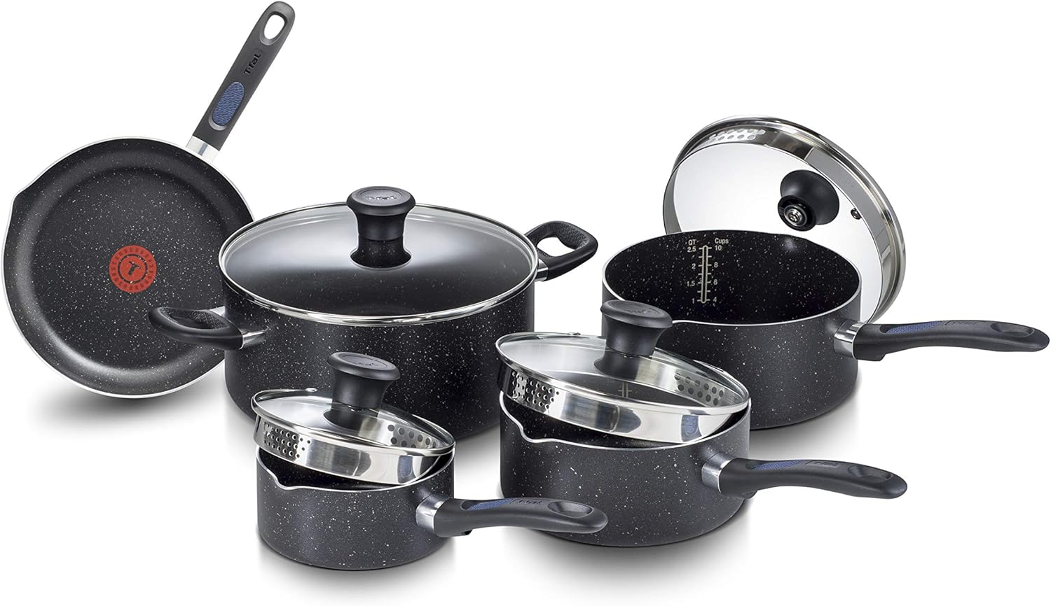 T-fal Signature 9pc Cookware Set, Non Stick pots and Pans, Non Toxic Cookware Set, Thermo-spot Heat Indicator, Dishwasher Safe, Black