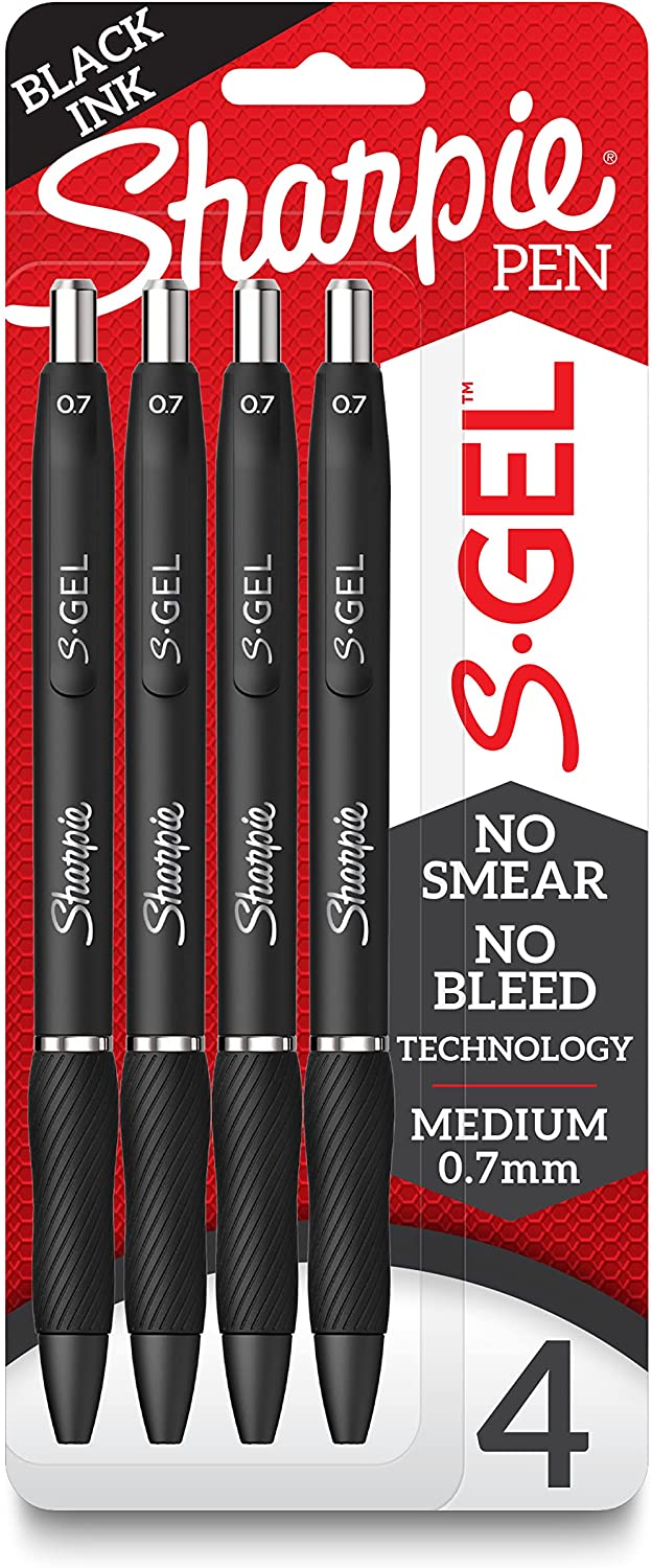 Sharpie S-Gel, Gel Pens, Medium Point (0.7mm), Black Ink Gel Pen, 4 Count