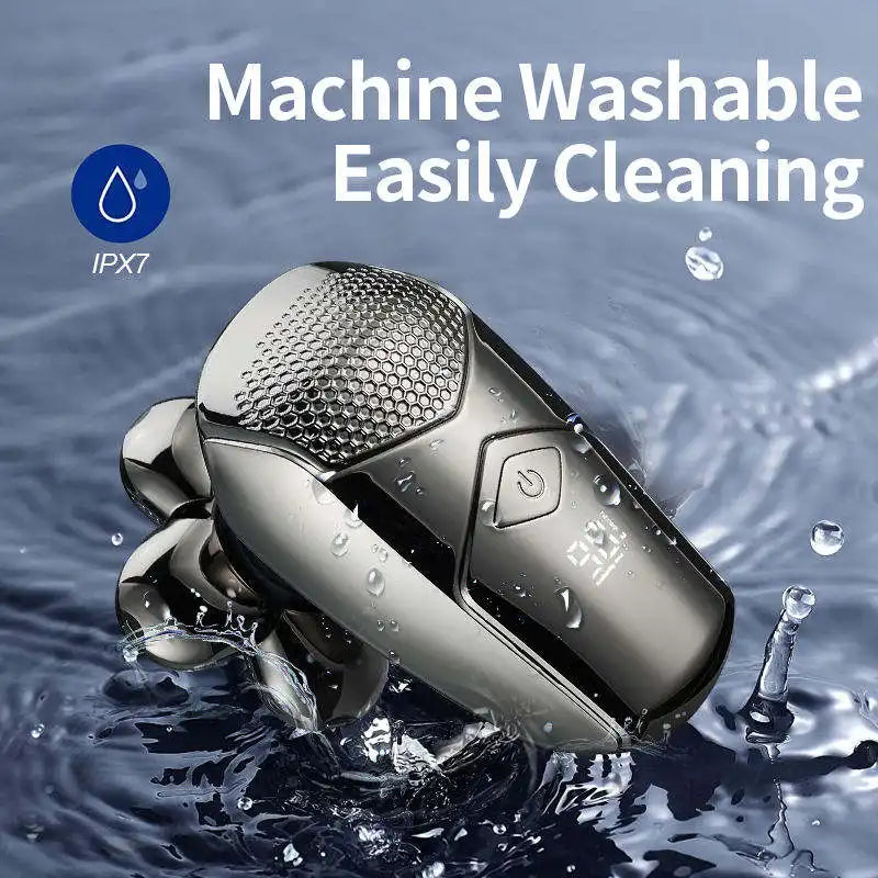 5-in-1 Electric Head Shaver for Men - Waterproof IPX7, 6D Floating Heads, Beard Trimmer, Nose Hair Clippers, Facial Cleansing Brush, LED Display & USB Charging, Travel Lock