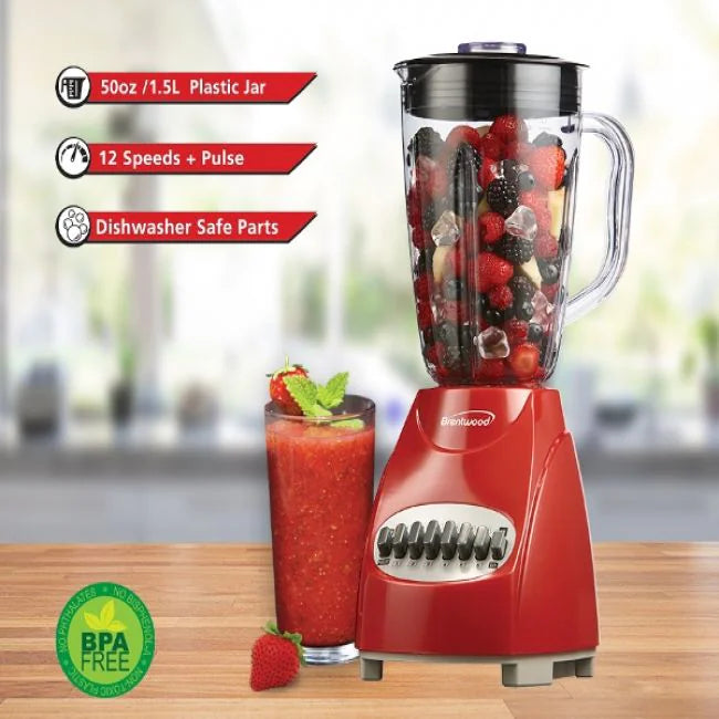 Brentwood Blender with Glass Jar, 12-Speed + Pulse, Red