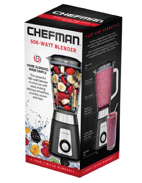 Chefman Two Speed Blender with Glass Jar, 500 Watts, Stainless Steel