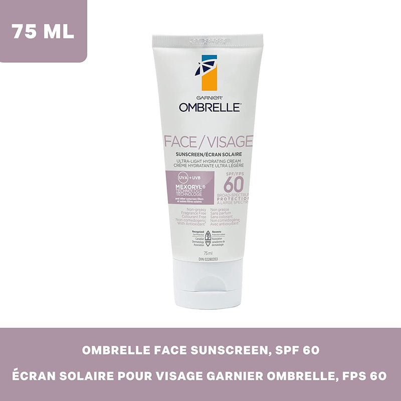 Garnier Ombrelle Sunscreen Ultra-Light Face Cream with Antioxidant, SPF 60, UVA UVB, 75 mL