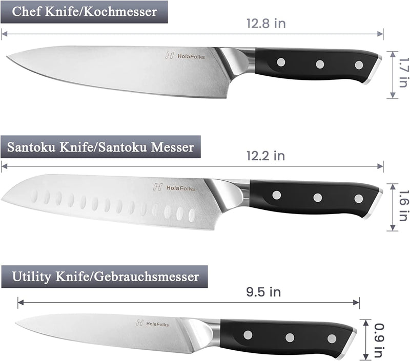 ‎HolaFolks Japanese Chefs Knife Set, 8" Chef Knife & 7" Santoku Knife & 5" Utility Knife,High Carbon Stainless Steel Sharp Paring Kitchen Knife with Ergonomic Handle