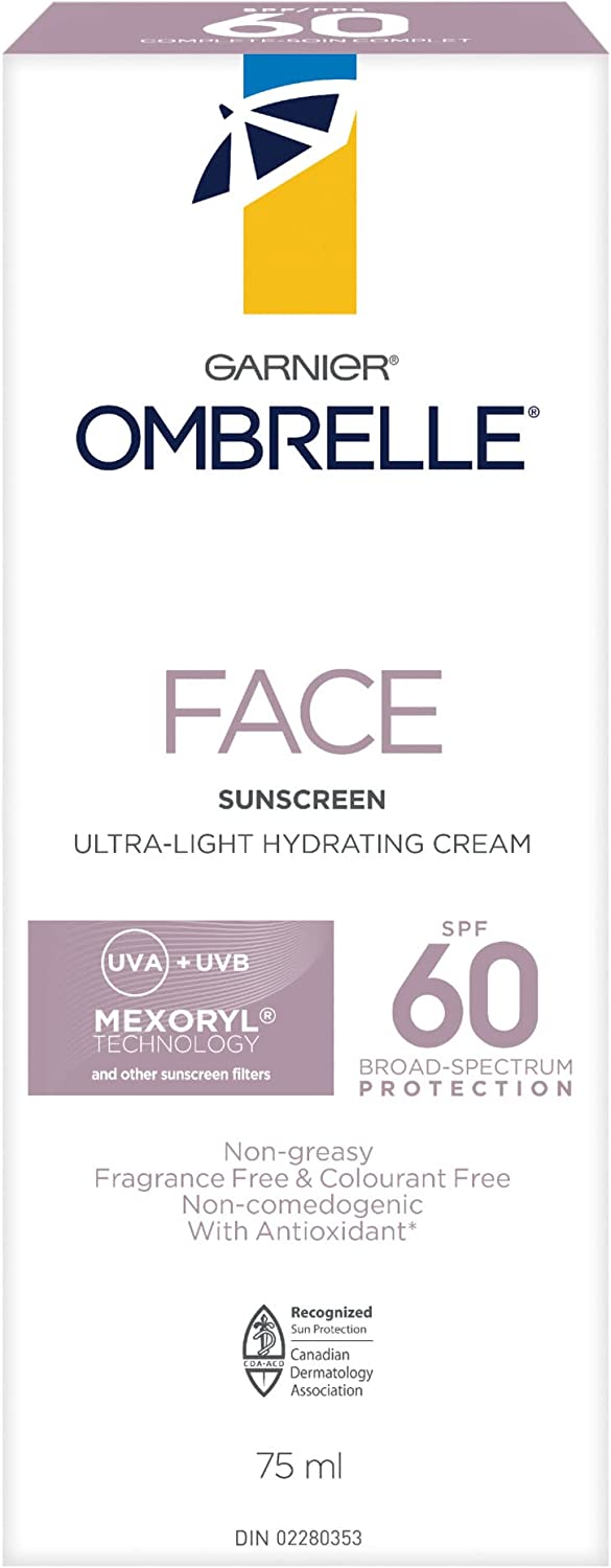 Garnier Ombrelle Sunscreen Ultra-Light Face Cream with Antioxidant, SPF 60, UVA UVB, 75 mL