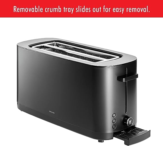 Zwilling Enfinigy Cool Touch 2 Long Slot Toaster, 4 Slices with Extra Wide 1.5" Slots for Bagels, 7 Toast Settings, Even Toasting, Reheat, Cancel, Defrost, Black