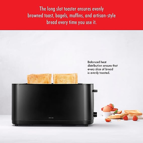 Zwilling Enfinigy Cool Touch 2 Long Slot Toaster, 4 Slices with Extra Wide 1.5" Slots for Bagels, 7 Toast Settings, Even Toasting, Reheat, Cancel, Defrost, Black