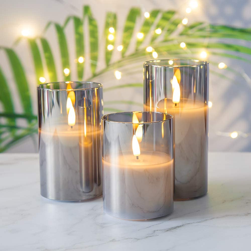 Eywamage Gray Glass Flameless Candles with Remote, Flickering LED Battery Candles 3 Pack for Home Seasonal Decor Gifts, D 3in H 4in 5in 6in