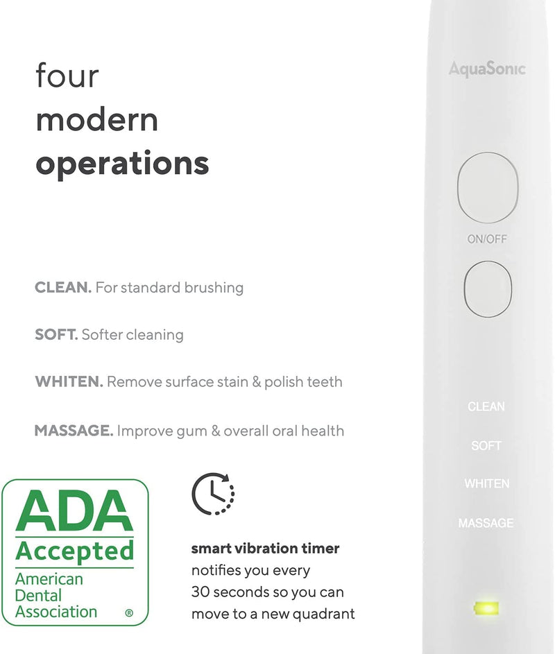 AquaSonic Vibe Series Ultra Whitening Toothbrush – ADA Accepted Power Toothbrush - 8 Brush Heads & Travel Case  40,000 VPM Motor & Wireless Charging  4 Modes w Smart Timer  Optic White