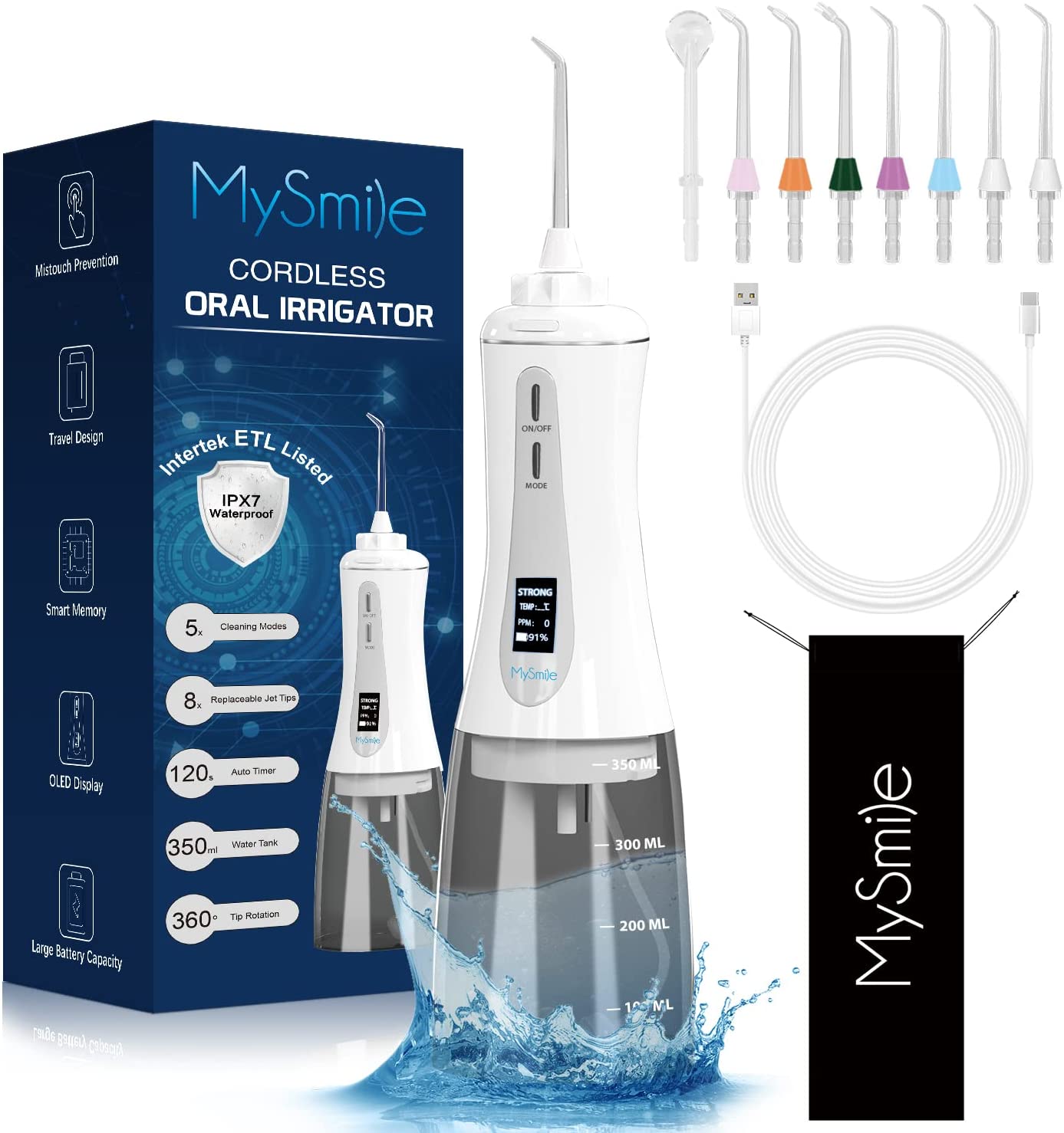 MySmile Cordless Water Flosser for Teeth Cleaner, 350ml Dental Plaque Remover Tool with 5 Modes  (White)