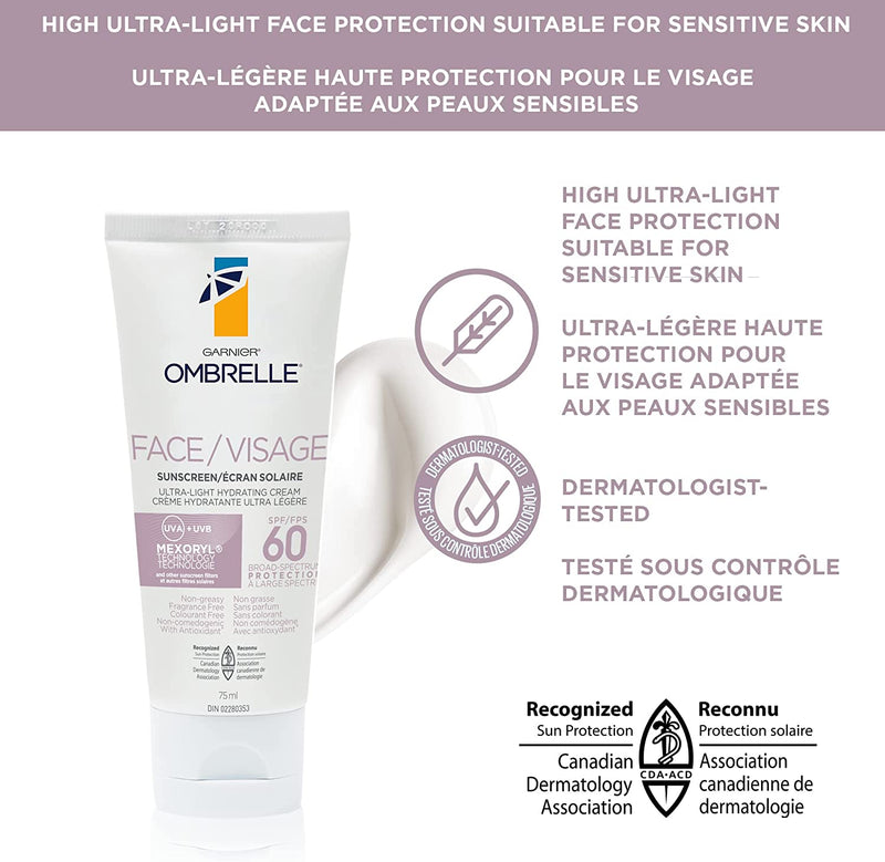 Garnier Ombrelle Sunscreen Ultra-Light Face Cream with Antioxidant, SPF 60, UVA UVB, 75 mL