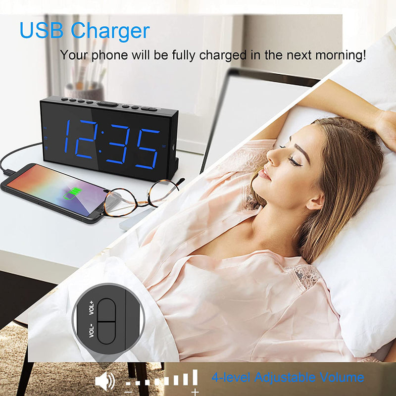 Roxicosly Alarm Clocks for Bedrooms,Digital Clock with 7.5''Large LED Display,Dual Alarms,USB Charging Port,5 Brightness,4 Volume,Big Snooze,12/24H&DST, Battery Backup, AC Powered Alarm Clock for Kids/Christmas