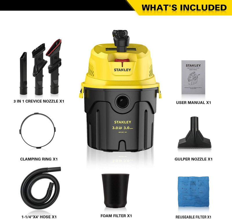 Stanley SL18910P-3 Wet/Dry, 3 Gallon, 3 Horsepower, Portable Car Vacuum, 3.0 HP AC, Black+Yellow