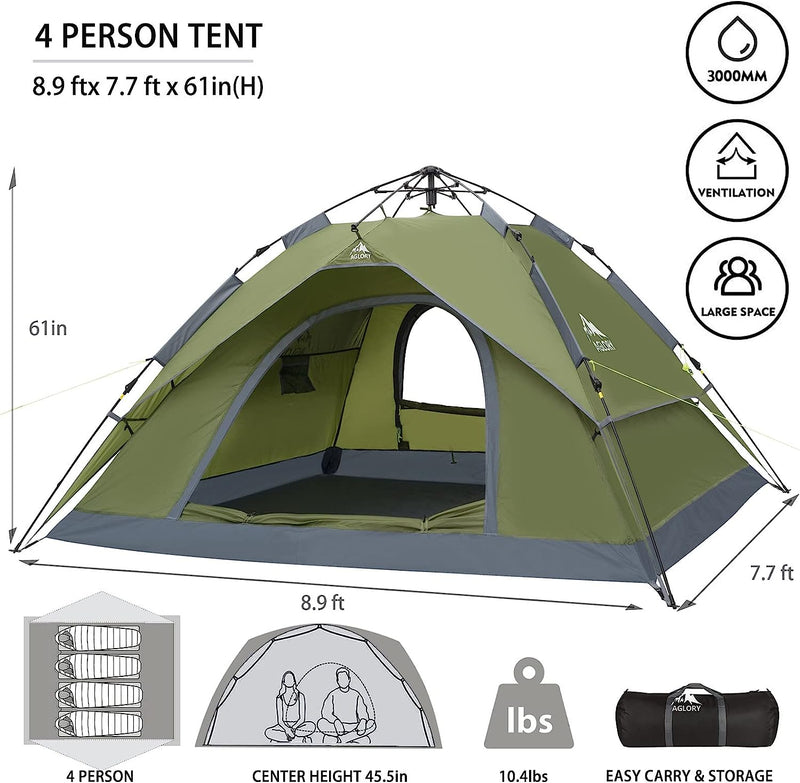 AGLORY 4 Person Instant Camping Tent,Easy Pop Up Waterproof Family Tents with Rainfly for Camp and Outdoor