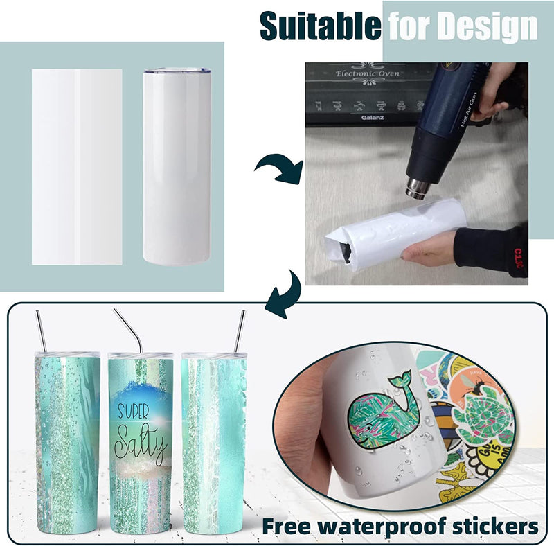 8 Pack 20 oz Sublimation Tumbler Set Double Walled Stainless Steel Skinny Straight Blank Tumbler Bulk with Lid, Straw, DIY Stickers Shrink Wrap