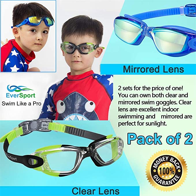 EVERSPORT  Swimming Goggles Anti Fog Anti-UV for Child Teens Youth 2 Pack