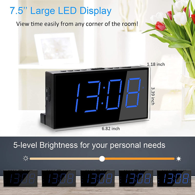 Roxicosly Alarm Clocks for Bedrooms,Digital Clock with 7.5''Large LED Display,Dual Alarms,USB Charging Port,5 Brightness,4 Volume,Big Snooze,12/24H&DST, Battery Backup, AC Powered Alarm Clock for Kids/Christmas