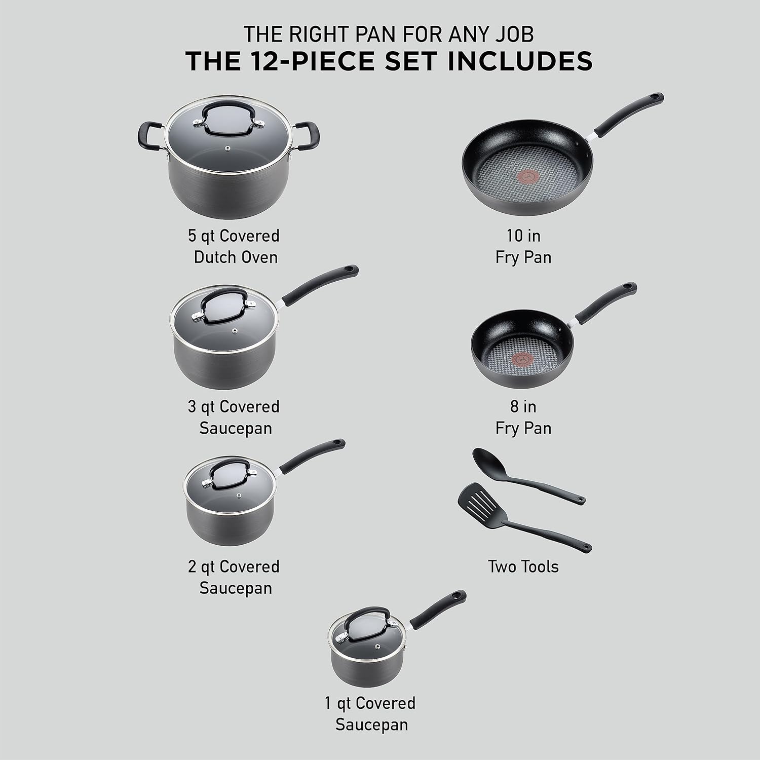 T-fal Ultimate Hard Anodized Durable Nonstick Expert Interior Thermo-Spot Heat Indicator Anti-Warp Base Dishwasher Safe PFOA Free Oven Safe pots and pan Set, cookware Set, Frying pan, 12-Piece, Gray