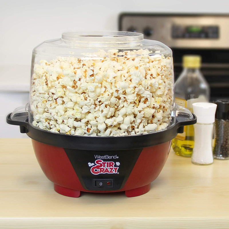 West Bend Stir Crazy Popcorn Machine Electric Hot Oil Popper Includes Large Lid for Serving Bowl and Convenient Nesting Storage, 6-Quart, Red