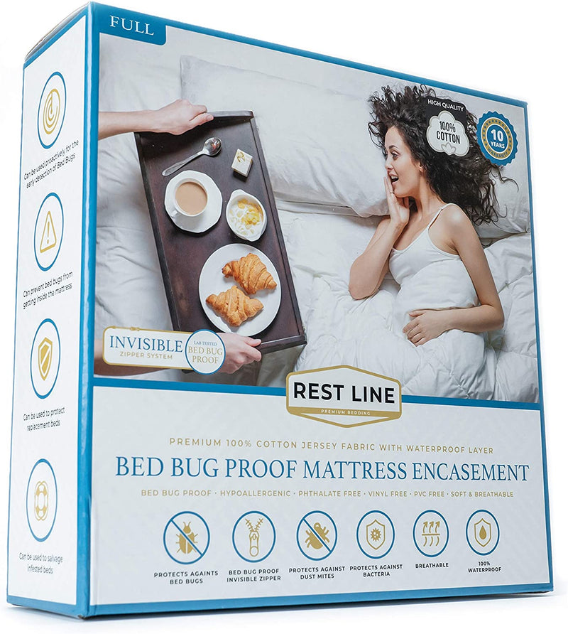 Restline Zip-UP Bedbug Proof Mattress Encasement (Double Size) 100% Cotton Full Six Sided Mattress Encasement and Waterproof Cover. 75 x 54” Bed Liner, Invisible Zippered Mattress Cover 12-15" Deep