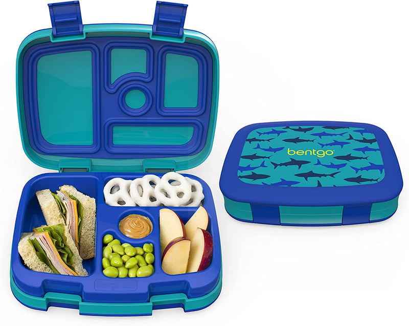 Bentgo Kids Prints (Sharks) - Leak-Proof, 5-Compartment Bento-Style Kids Lunch Box - Ideal Portion Sizes for Ages 3 to 7 - BPA-Free and Food-Safe Materials