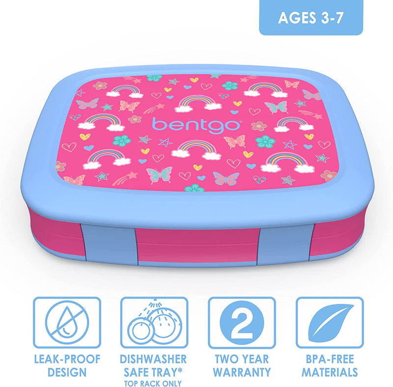 Bentgo Kids Prints Leak-Proof, 5-Compartment Bento-Style Kids Lunch Box - Ideal Portion Sizes for Ages 3 to 7 - BPA-Free, Dishwasher Safe, Food-Safe Materials (Rainbows and Butterflies)