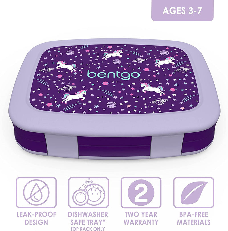 Bentgo Kids Prints (Unicorn) - Leak-Proof, 5-Compartment Bento-Style Kids Lunch Box - Ideal Portion Sizes for Ages 3 to 7 - BPA-Free and Food-Safe Materials