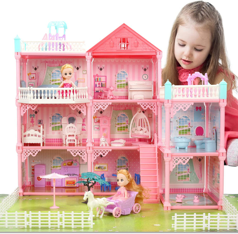 CUTE STONE Dollhouse, Doll House with Flashing Lights, Pretend Play Toddler Dollhouse Sets with 2 Dolls, Furniture, 8 Rooms and Doll Accessories, Creative Gift for Girls