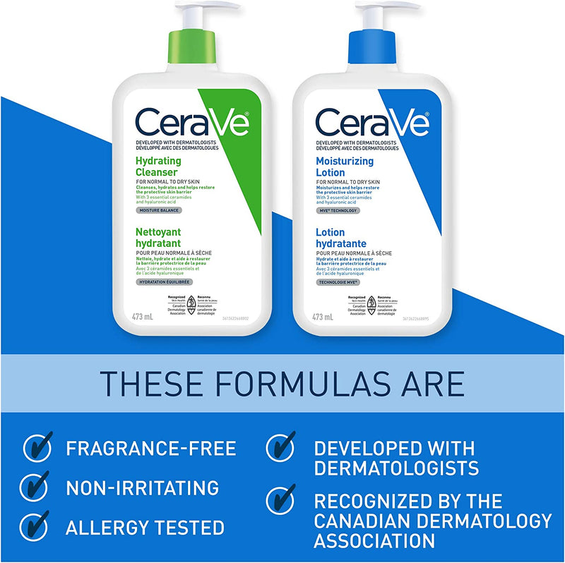 CeraVe Daily Face Cleanser and Lotion Bundle, Hydrating Face Wash for Dry Skin and Moisturizing Lotion with Hyaluronic Acid, Fragrance Free, 2x473ml