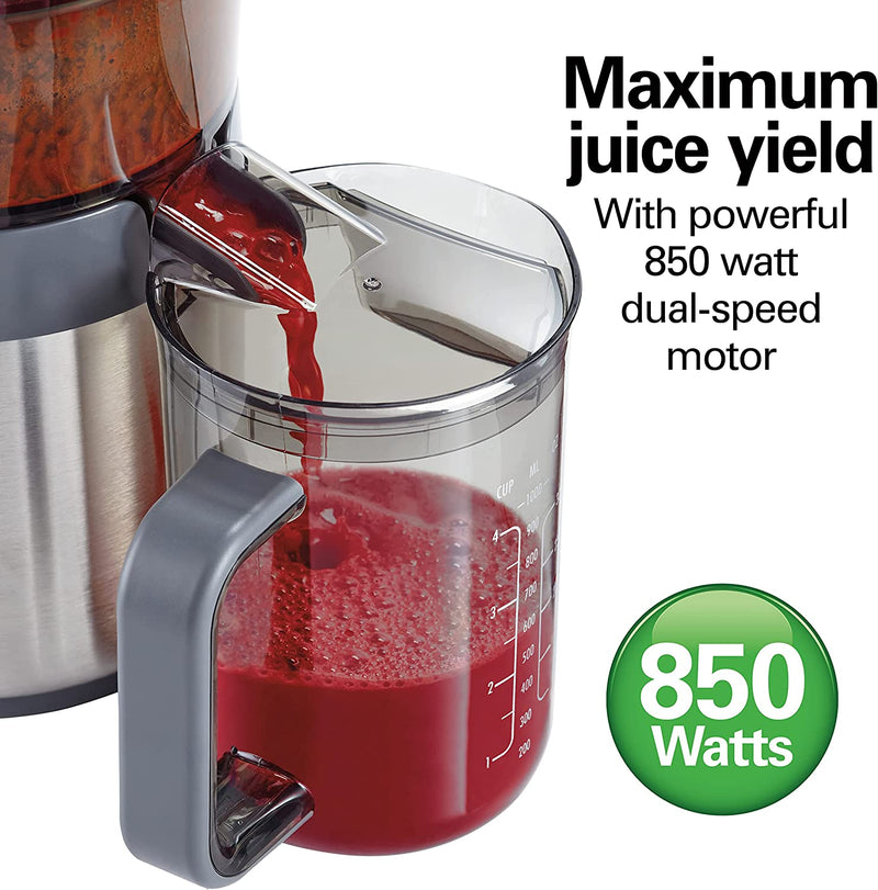 Hamilton Beach Juicer Machine, Centrifugal Extractor, Big Mouth 3" Feed Chute, Easy Clean, 2-Speeds, BPA Free Pitcher, Holds 40 oz. - 850W Motor, Silver