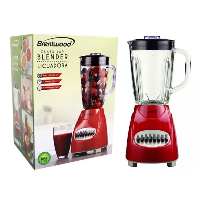 Brentwood Blender with Glass Jar, 12-Speed + Pulse, Red