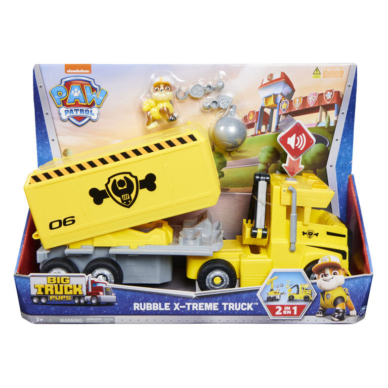 PAW Patrol, Rubble 2 in 1 Transforming X-Treme Truck with Excavator Toy, Crane Toy, Lights and Sounds, Action Figures