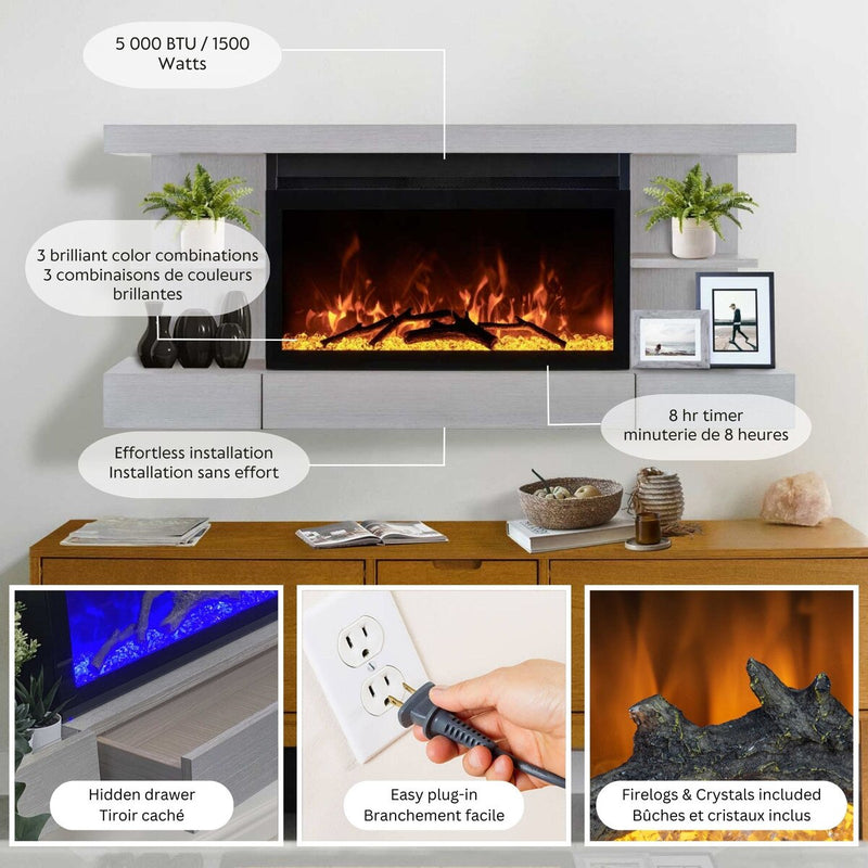 ActiveFlame Electric Fireplace with Floating Mantel Shelf, Classic Grey