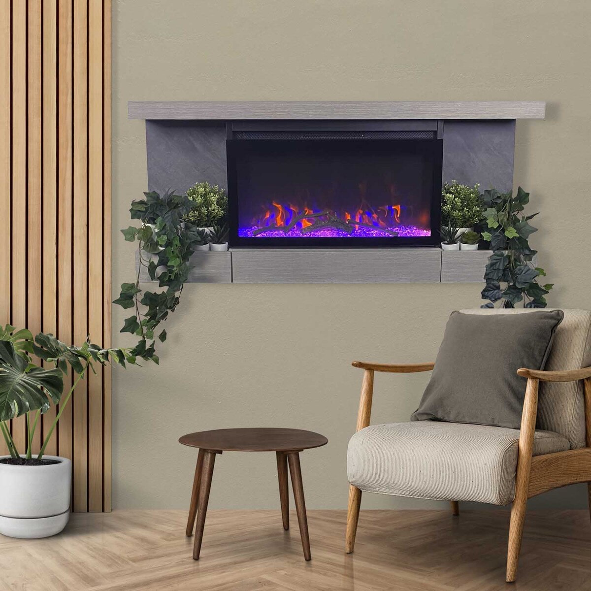 ActiveFlame Electric Fireplace with Floating Mantel Shelf, Urban Cement