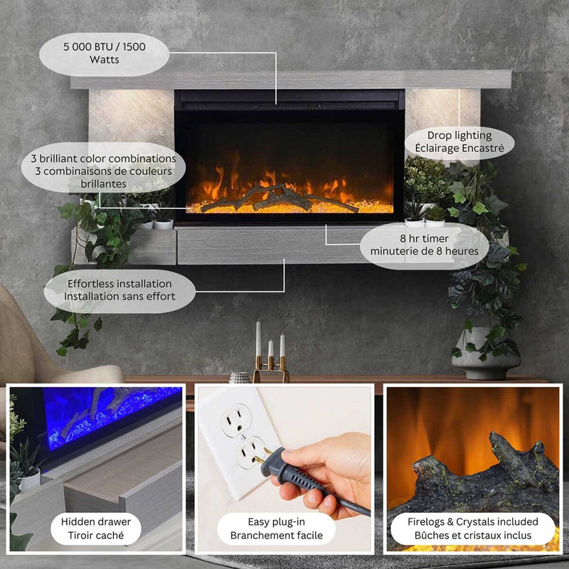 ActiveFlame Electric Fireplace with Floating Mantel Shelf, Urban Cement