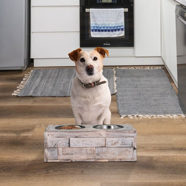 Bowser & Meowser Earth Friendly Recycled Wood Pet Feeding Dish, White-Washed