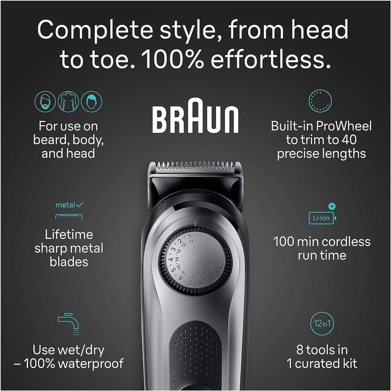 Braun All-in-One Style Kit Series 7 7410, 100% Waterproof 8-in-1 Beard & Body Trimmer for Manscaping