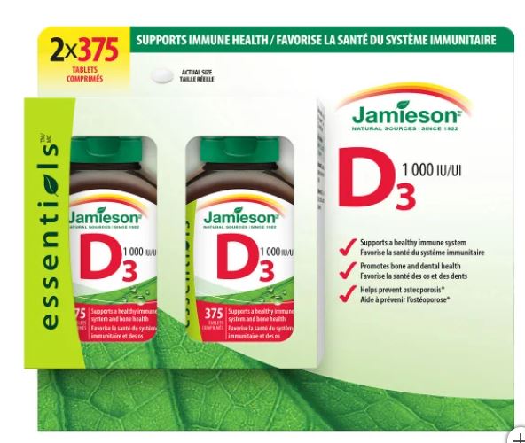 Jamieson Vitamin D3 1000 IU, 2 x 375 Tablets