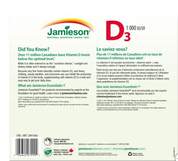 Jamieson Vitamin D3 1000 IU, 2 x 375 Tablets