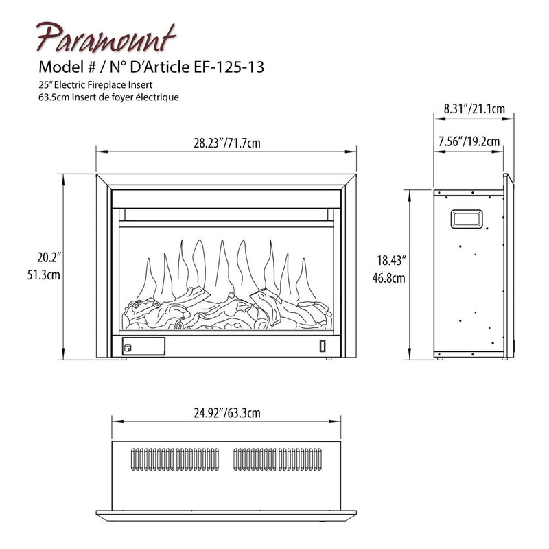 Paramount Electric Fireplace Inserts, 25IN