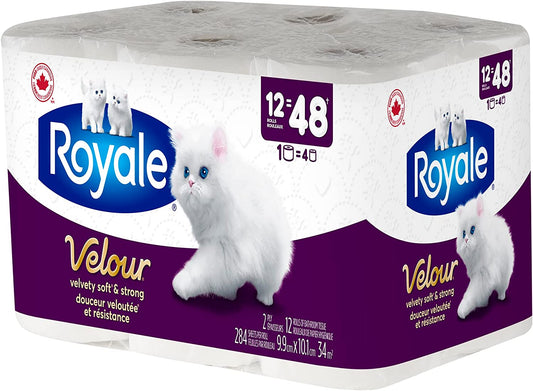 Royale Velour Toilet Paper, 12 Equals 48 Rolls, 284 Bath Tissues per roll, 12 Rolls