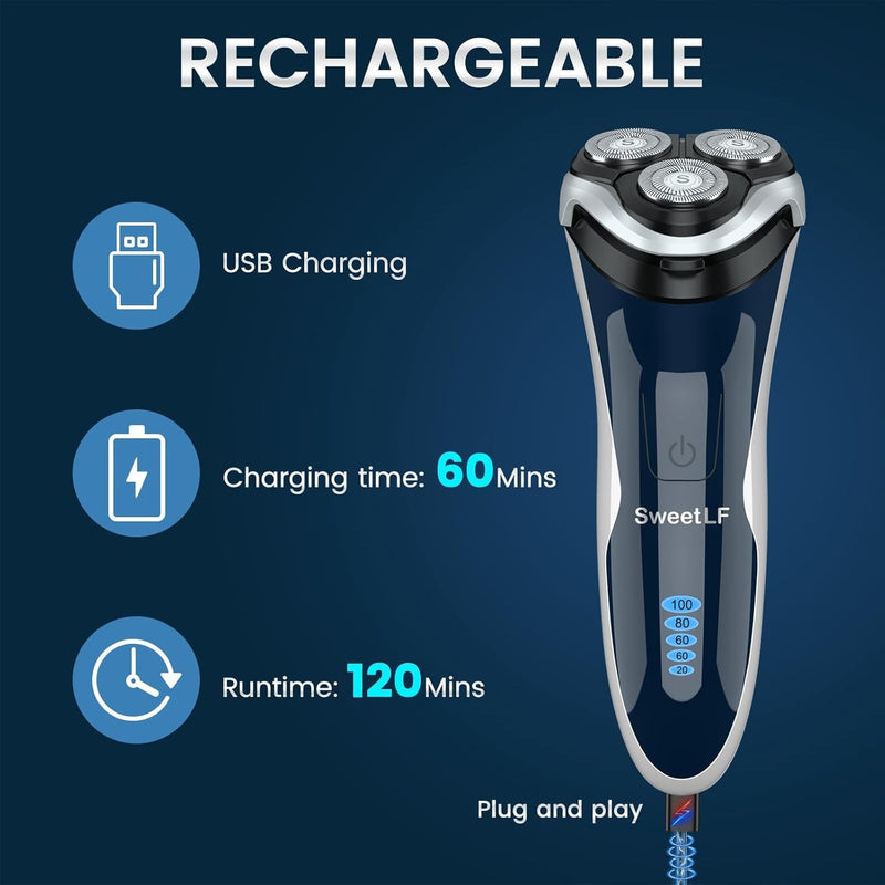 SweetLF 3D Rechargeable Waterproof IPX7 Electric Shaver Wet & Dry Rotary Shavers