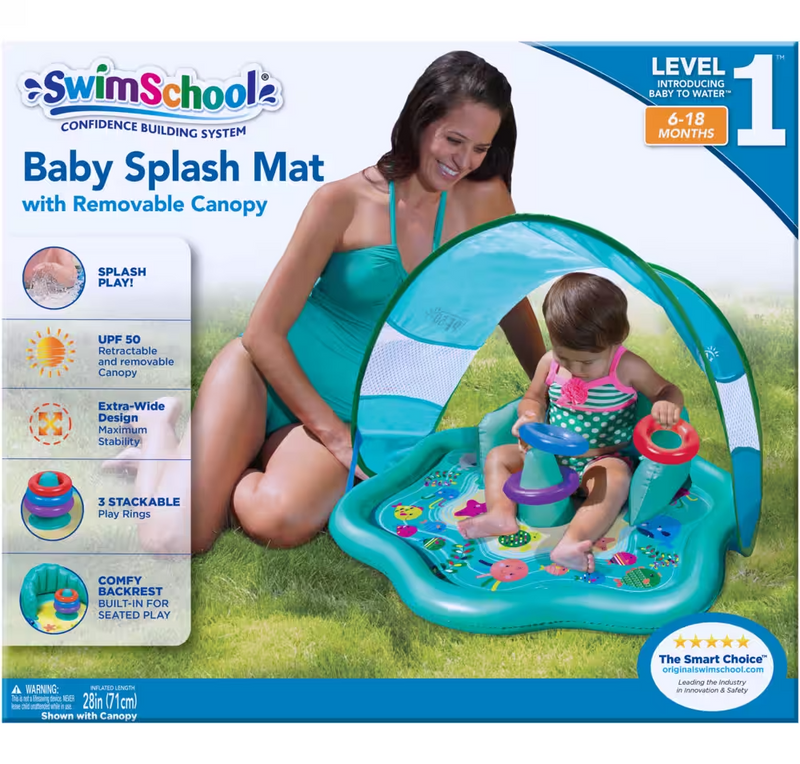 Swim School Inflatable Baby Splash Mat with Canopy, 28-in, Ages 6-18m